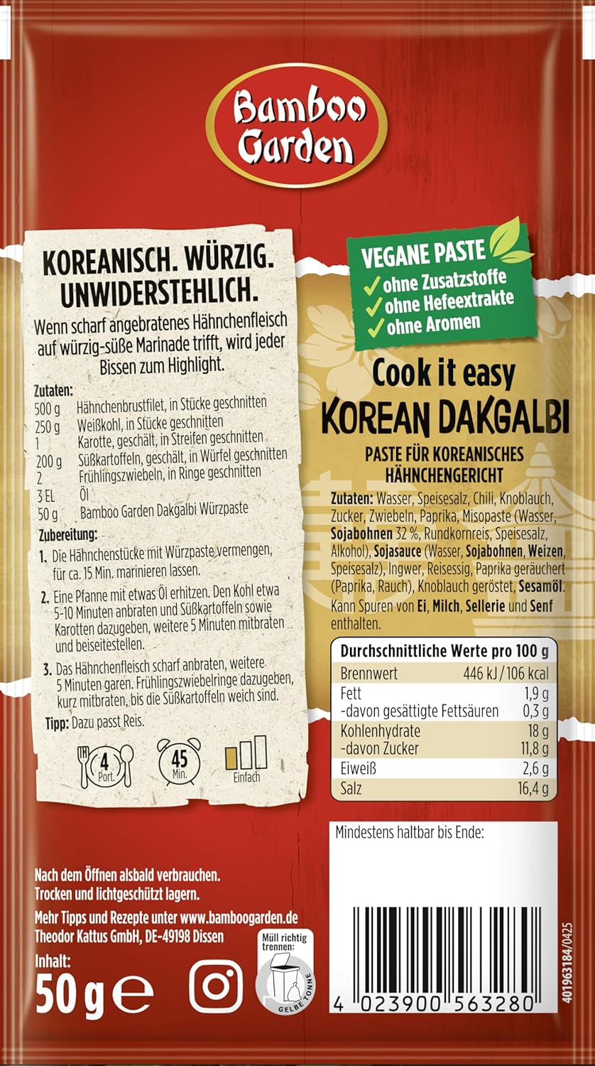 Bamboo Garden - Dakgalbi Würzpaste coreano | Zum Marinieren von Hühnchen, Gemüse und Tofu | Per 4 porzioni | Ingredienti vegani e naturali | 50 g in busta