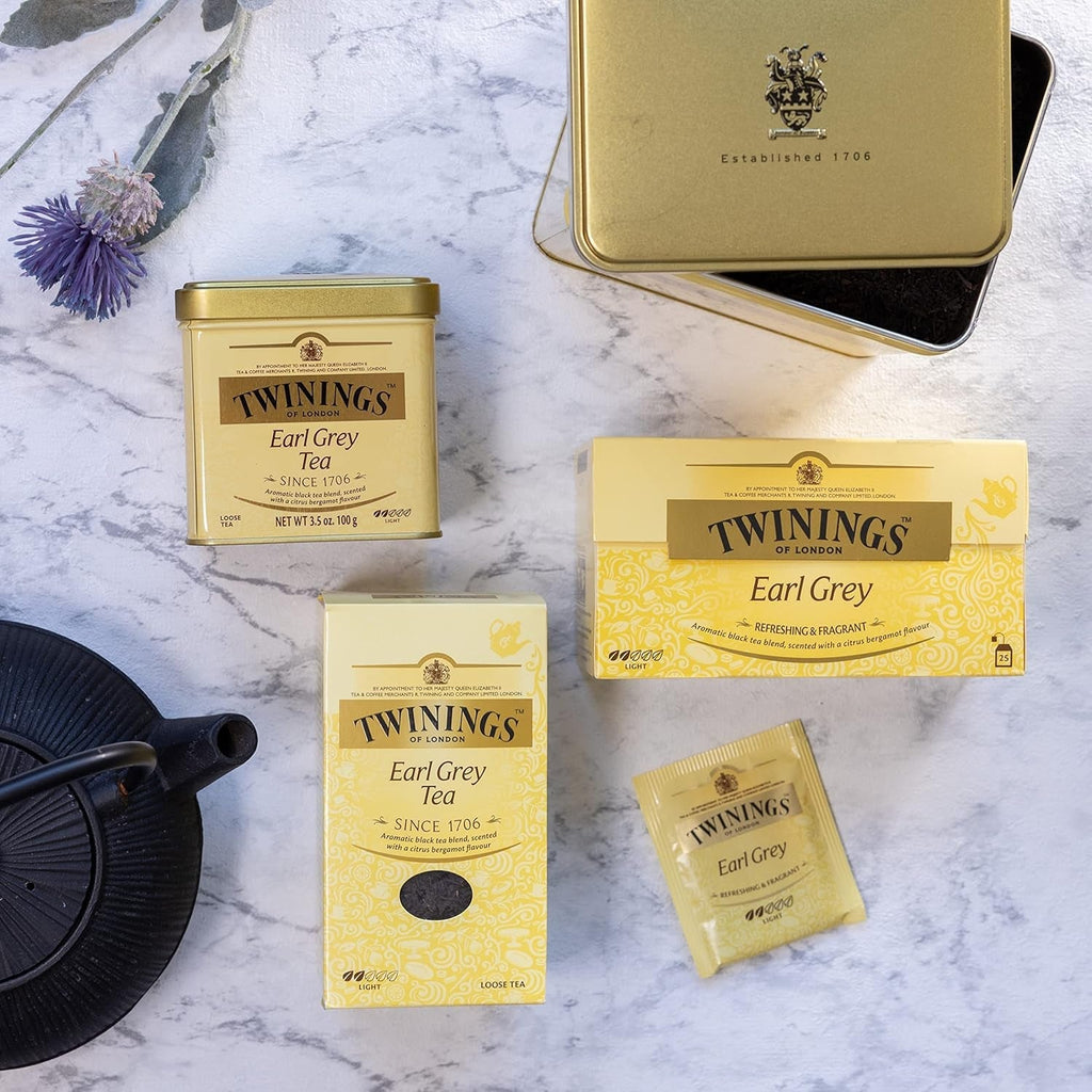Twinings Earl Grey - Ceai negru în pliculețe, rafinat cu aromă de bergamotă - Ceai negru răcoritor din China, 25 pliculețe (50 g) (pachet cu 4)