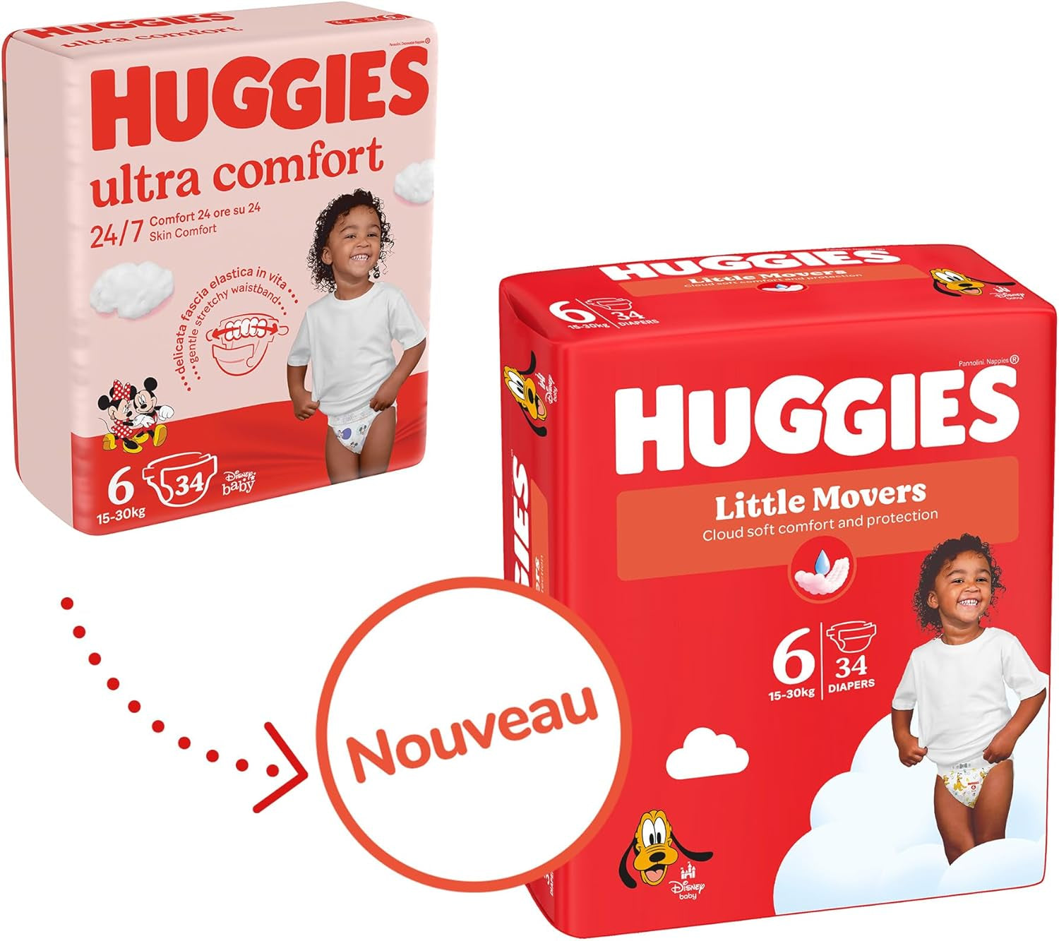 Pannolini per bambini Huggies Little Movers, design Disney, taglia 6, 102 pezzi (3 x 34), scatola mensile