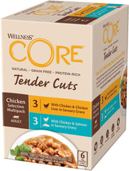 Wellness CORE Tender Cuts 6 x 85g, Mix Selecție de Pui – Hrană umedă pentru pisici, bucăți fragede în sos, fără cereale, naturală, hipoalergenică, bogată în proteine, conținut ridicat de carne