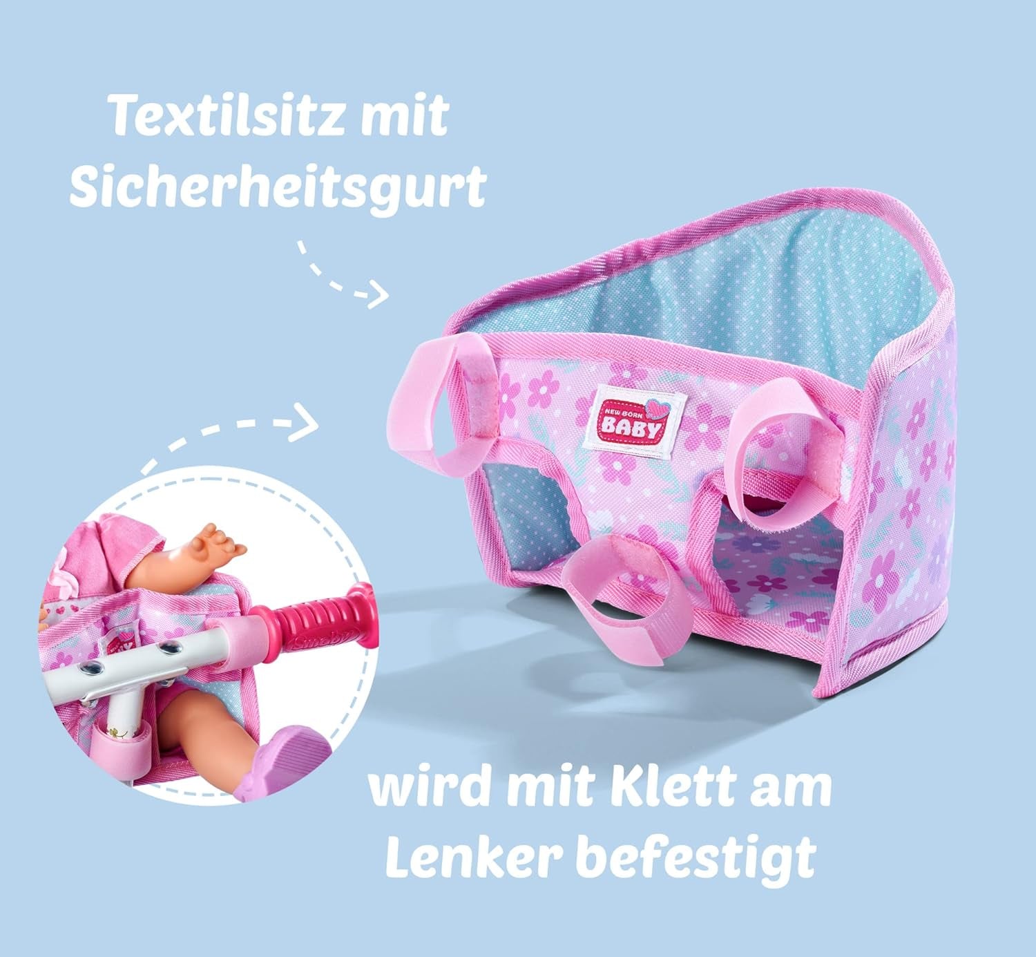 Simba 105560018 - Scaun de bicicletă pentru nou-născuți cu centură, accesoriu pentru păpușă, scaun din material textil, centură de siguranță, ghidon cu velcro, pentru păpuși de 30-43 cm, vârste 3+