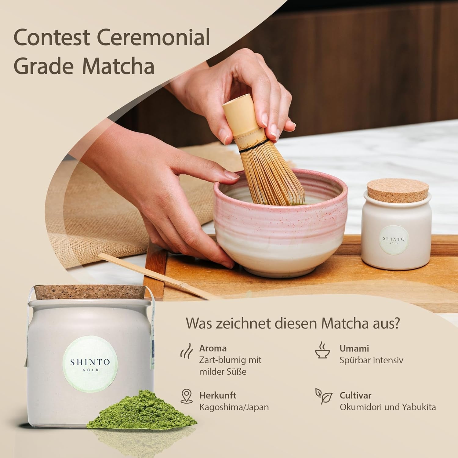 Shinto - Ceai Matcha organic „Gold” - Pulbere de ceai verde de calitate ceremonială - Certificat JAS &amp; EU BIO - Umbrit &amp; Cules manual - Import direct din Uji, Japonia - 30 g