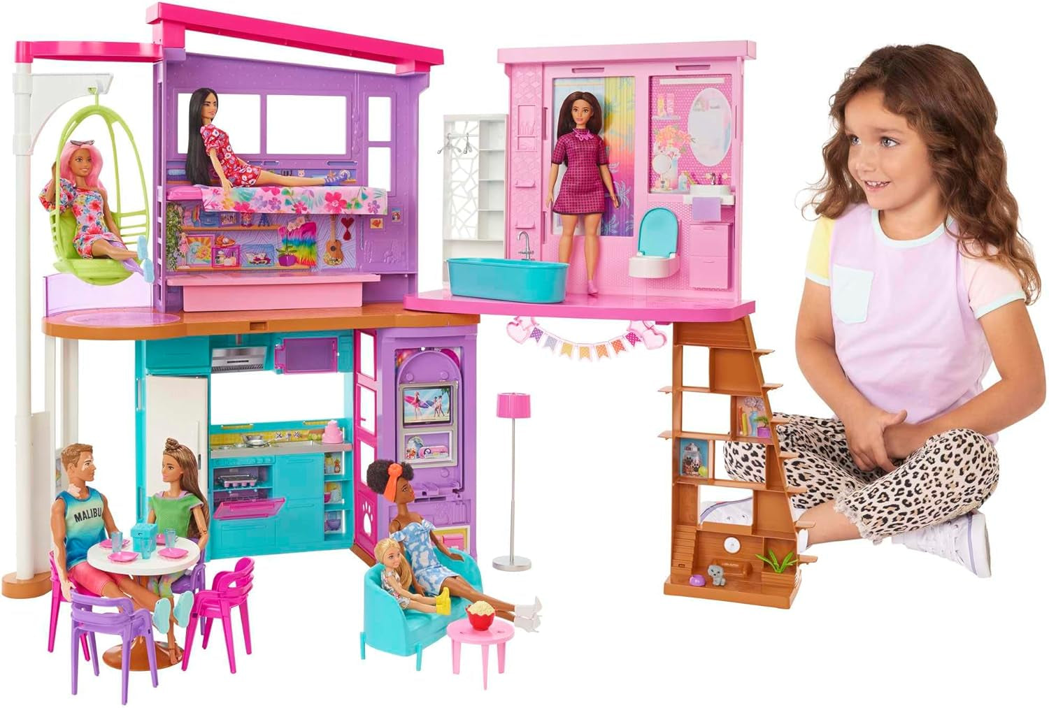 Casă de vacanță Barbie (116 x 77,9 cm), 6 locuri de joacă, complet mobilată cu accesorii, mobilier și lift, pliabilă și depozitabilă, păpușă, cadou pentru copii cu vârsta de 3 ani și peste, HCD50