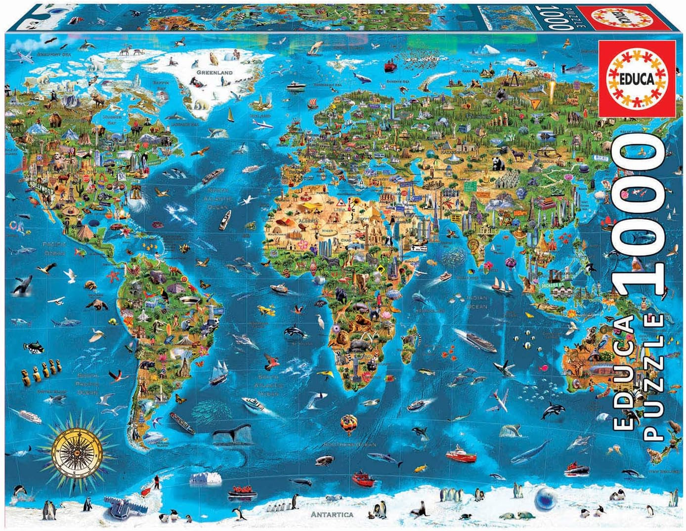 Educa - Puzzle 1000 piese pentru adulti | Minunile lumii, puzzle 1000 piese pentru adulti si copii, obiective turistice, harta lumii. Jigsaw puzzle pentru adulți de la 14 ani (19022) Puzzle Naty Shop Titlu implicit