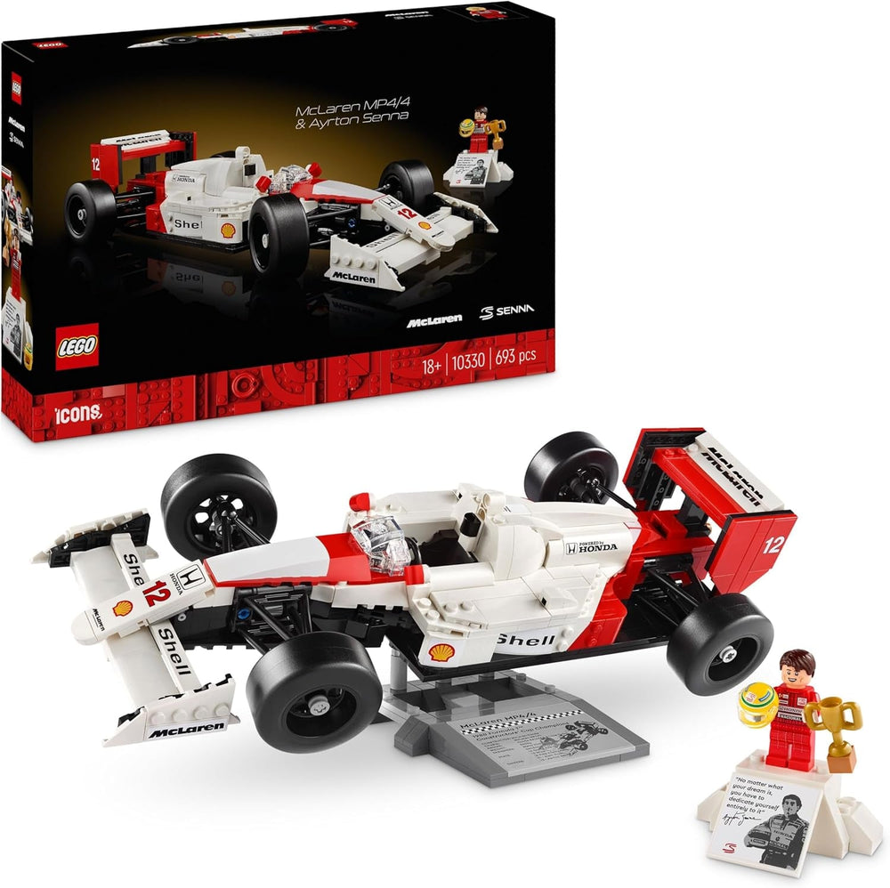 LEGO Icons Set di modellini di auto Mclaren MP4/4 e Ayrton Senna, kit di auto da corsa F1 per adulti con minifigure di pilota, da collezione, idea regalo per uomini, donne, lui e lei 10330 Set di costruzione Besuche den LEGO-Store Single