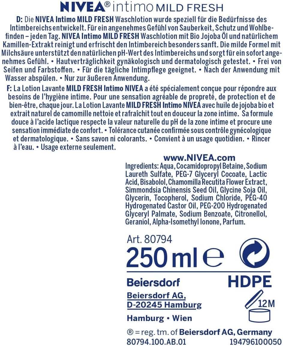 NIVEA, Lozione detergente intima con acido lattico, estratto di camomilla e olio di jojoba biologico, 250 ml Bagno e doccia Naty Shop