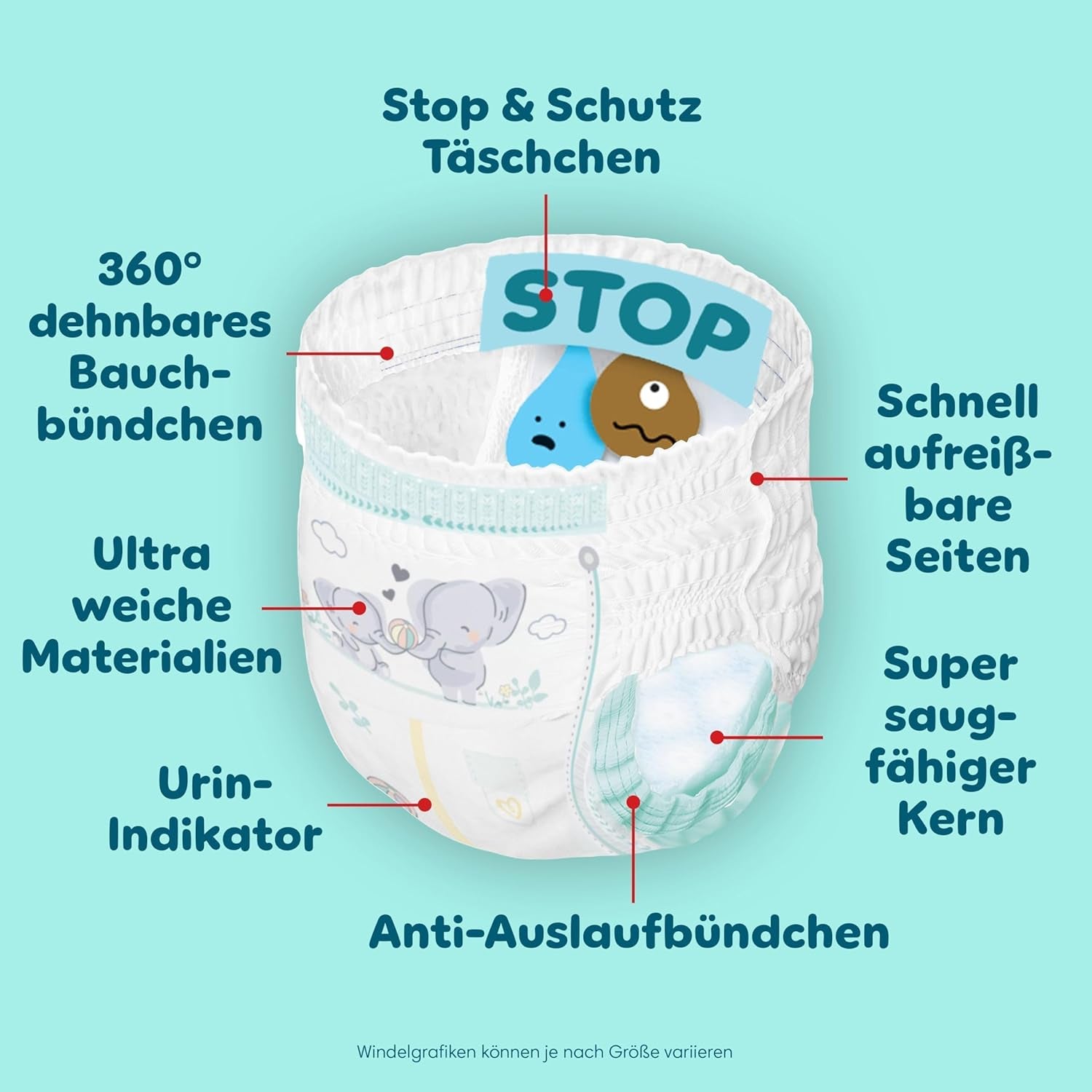 Pantaloni di protezione Premium Pampers taglia 7, 123 pannolini, 15 kg+, con regolazione a 360° e polsini morbidi anti-perdite per comfort e protezione ottimali