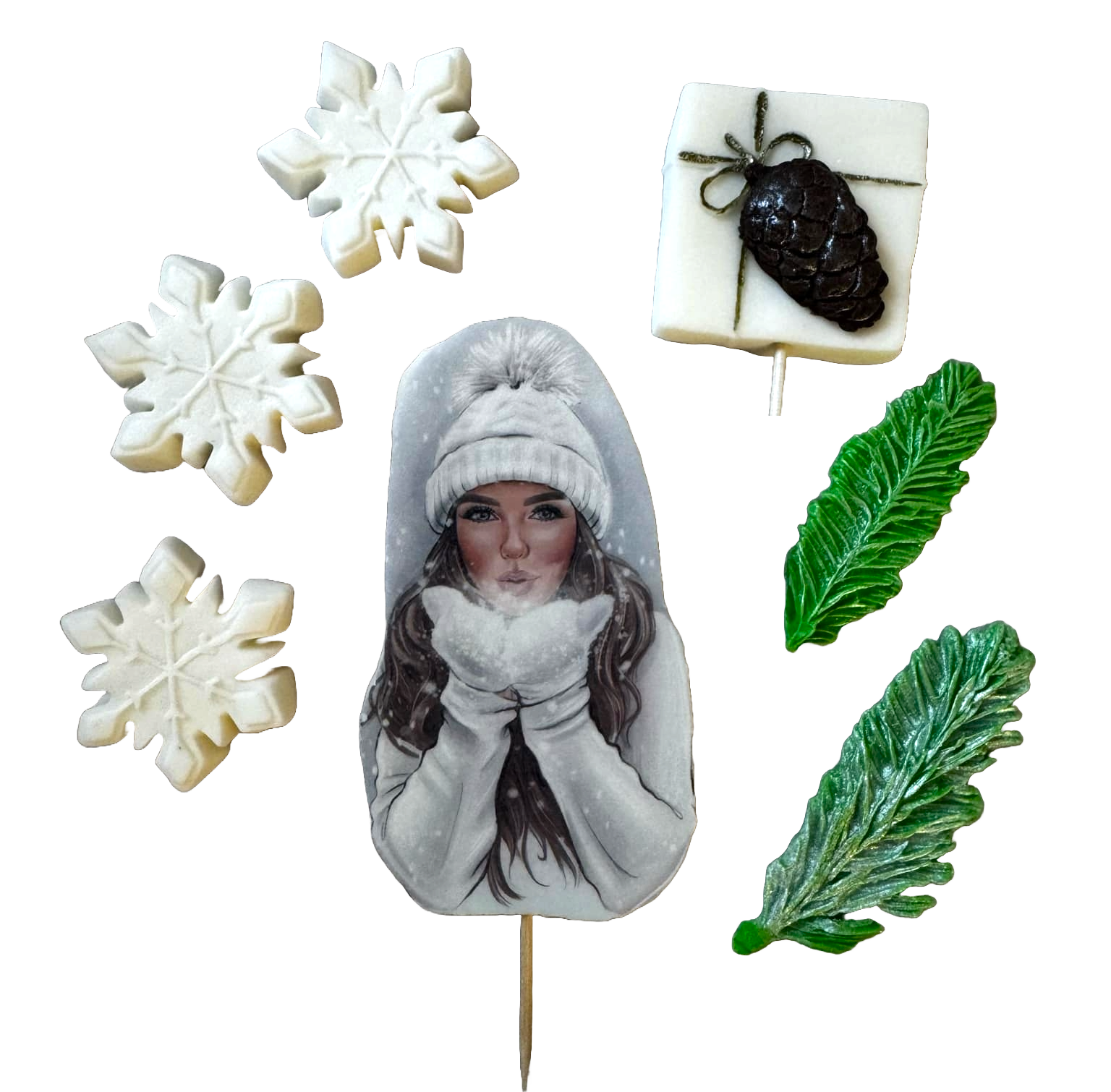 Set 7 decoratiuni comestibile din pasta de zahar, Beautiful Lady, caciula alba Decoratiuni din Pasta de Zahar Naty Shop