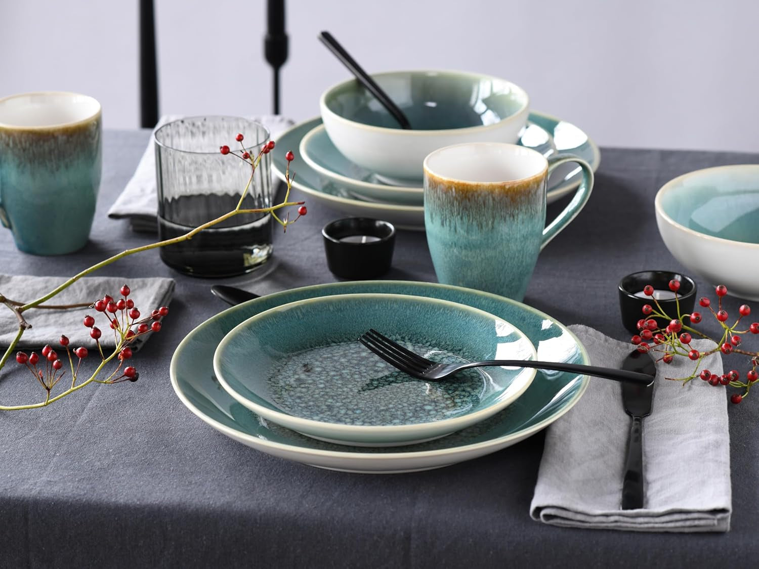 Creatable, seria Caldera, set de veselă din gresie, potrivit pentru mașina de spălat vase și cuptorul cu microunde, producție de calitate (set combinat verde, format din 8 piese)