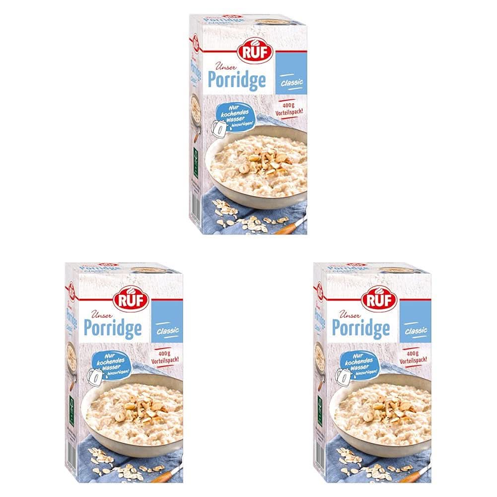 RUF Porridge Apple Cinnamon, cu fulgi de ovăz integral, aromă fină de scorțișoară și bucăți de mere uscate, 400 grame Cereale Naty Shop Set 3 x 400 grame Clasic