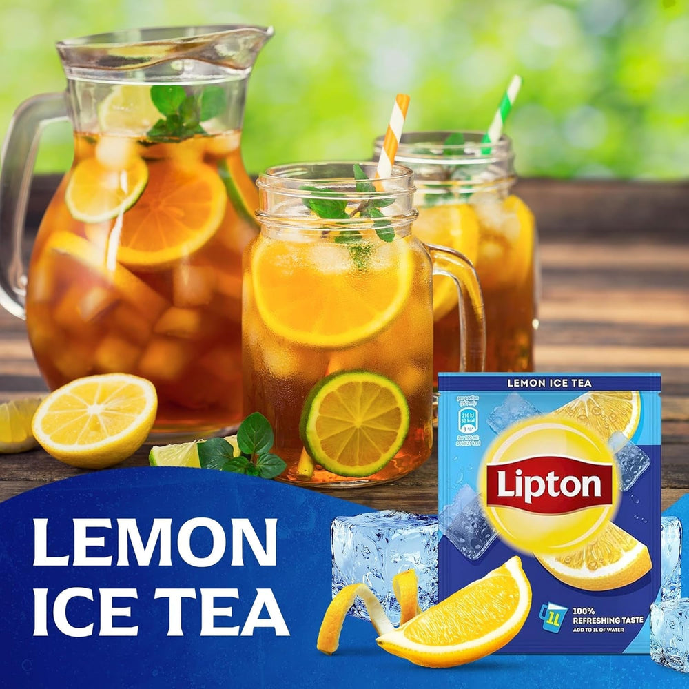 Set de ceai rece Lipton, „Lămâie”, răcoritoare pentru întreaga familie, 18 pliculețe, sub formă de pulbere pentru preparare acasă