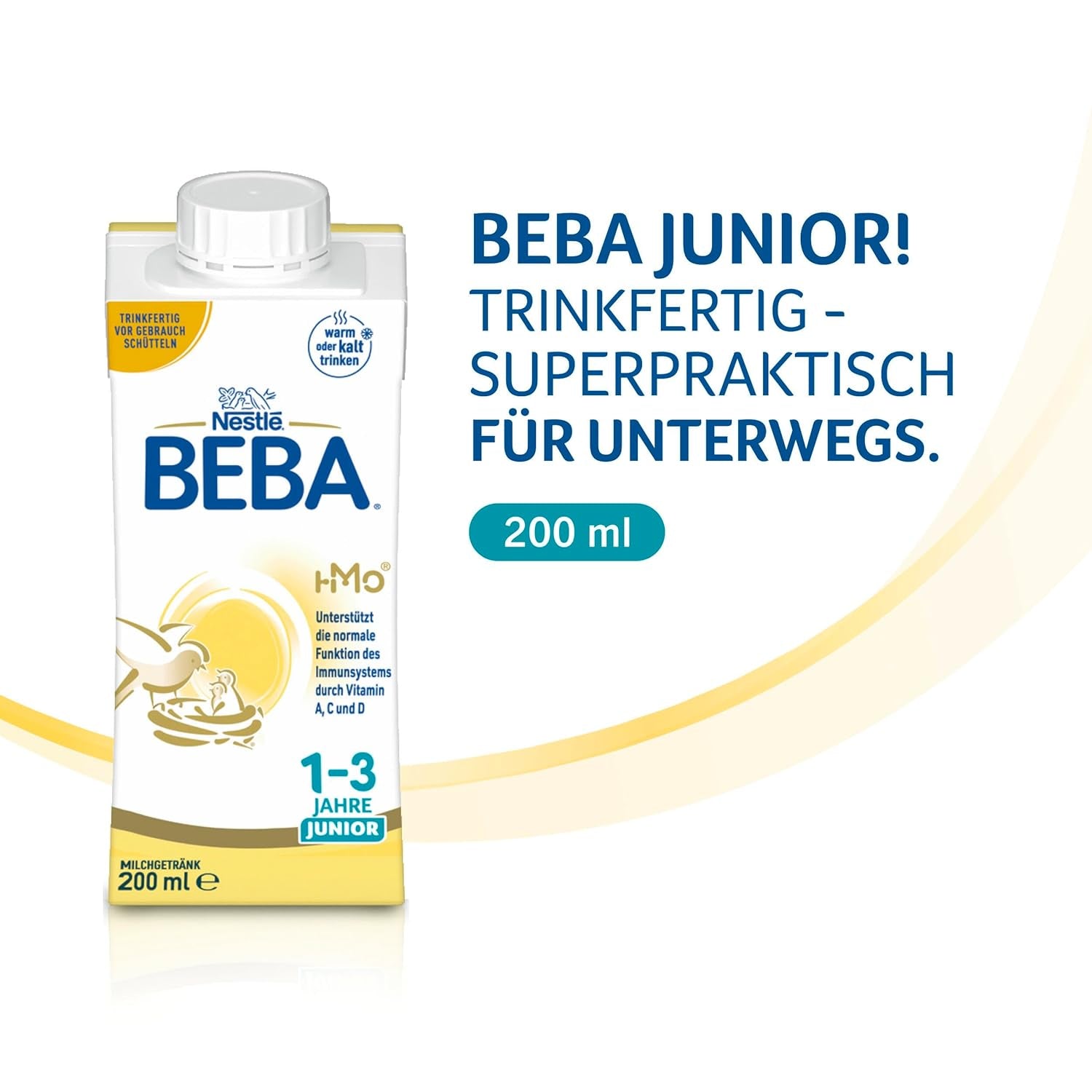 BEBA Junior, bevanda a base di latte pronta da bere per 1-3 anni, con HMO, contenuto proteico adeguato all'età, senza olio di palma, senza olio di pesce, alimenti per bambini, confezione da 6 (6 x 200 ml)