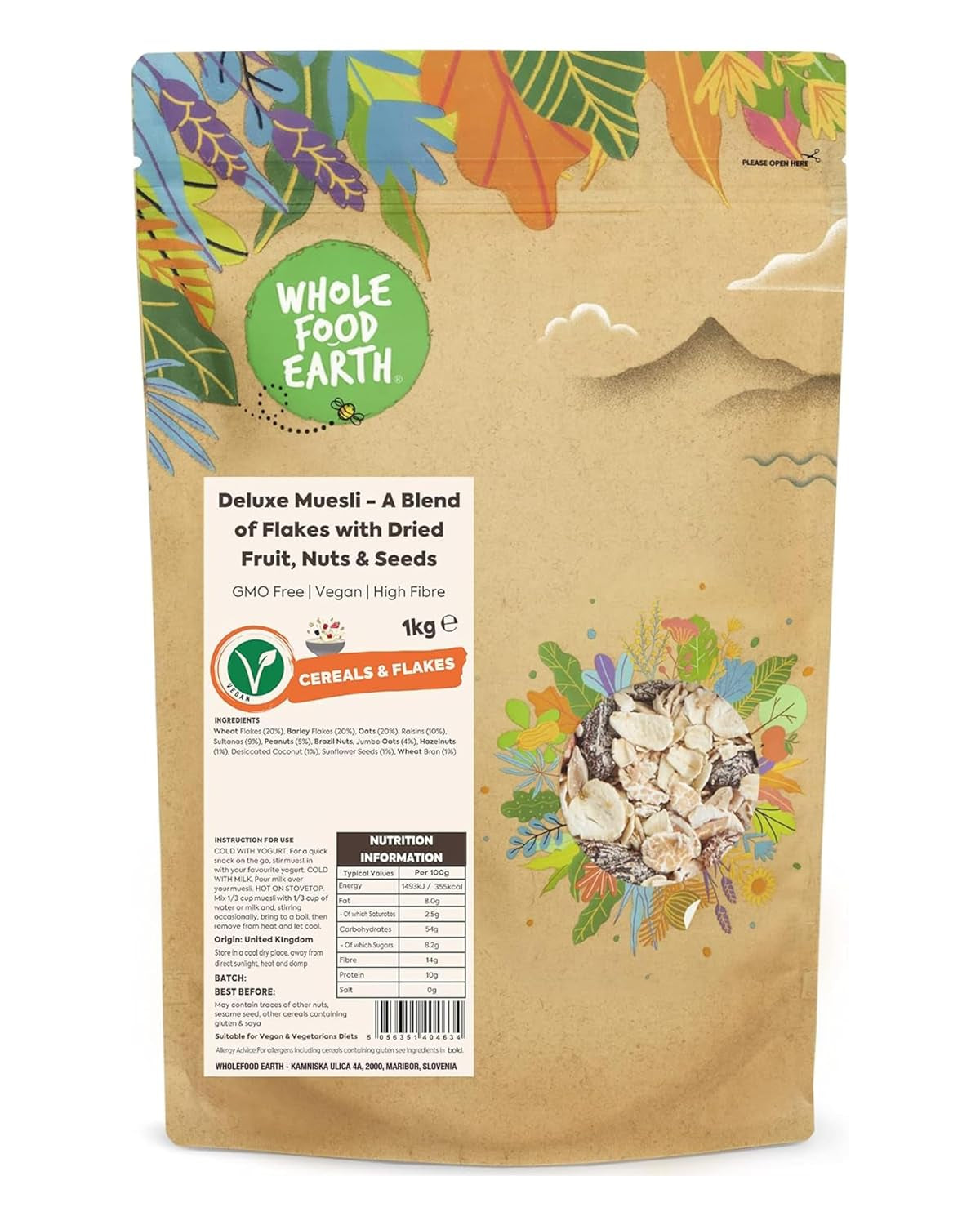 Muesli Deluxe Wholefood Earth - Miscela di scaglie con frutta secca, noci e semi 1 kg | Non OGM | Ricco di fibre
