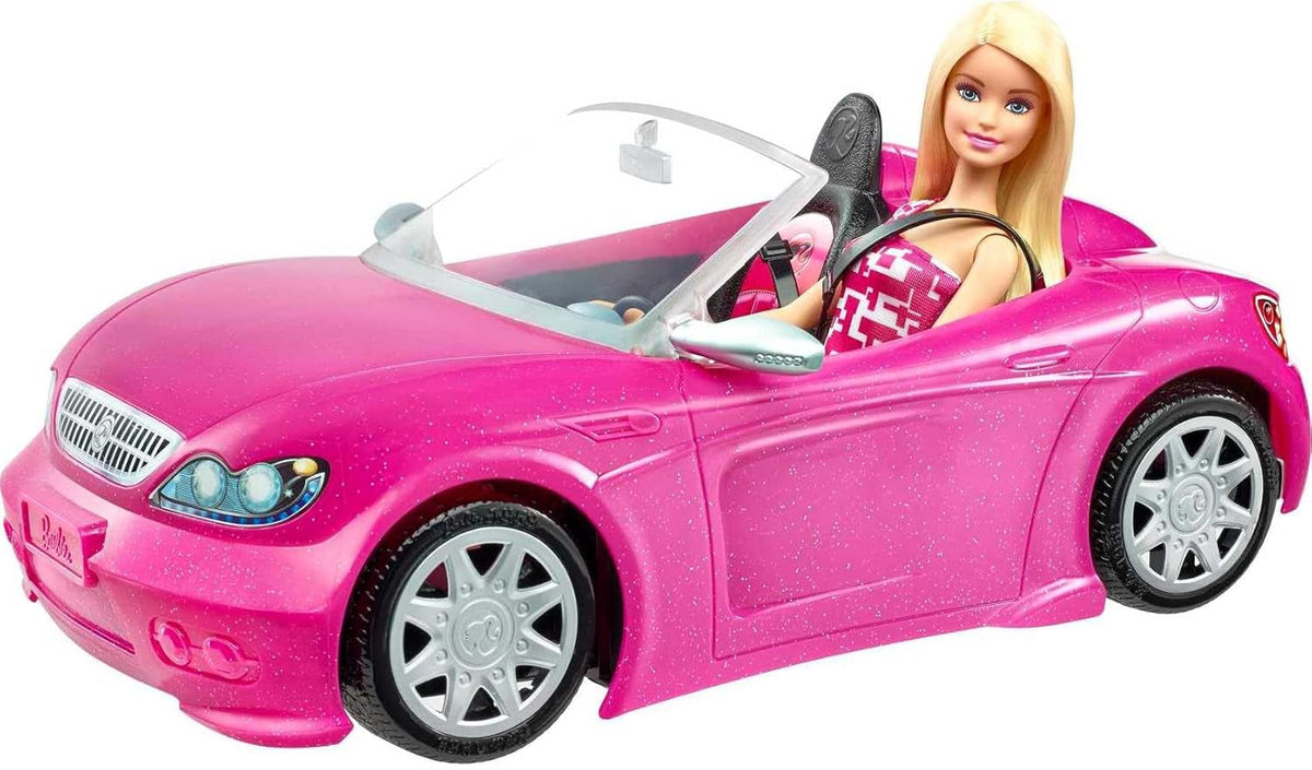 Păpușă Barbie și decapotabilă roz cu sclipici, anvelope realiste, logo, jucărie pentru vârste de la 3 ani în sus, DJR55