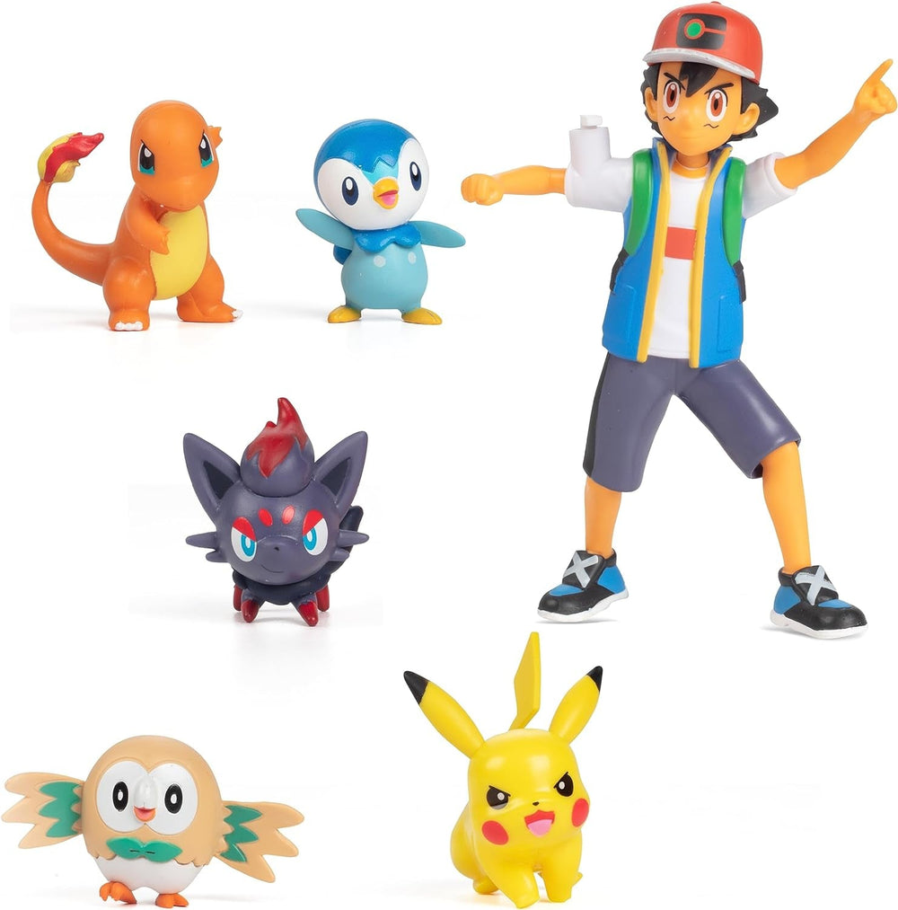 Pronti per la battaglia Pokémon! Set di personaggi da 6 pezzi - Ash da 11,4 cm e Pikachu che lancia, Charmander da 5,1 cm, Rowlet, Piplup, Zorua - Licenza ufficiale - Regalo di Pasqua per bambini, ragazzi e ragazze Action Figure Naty Shop