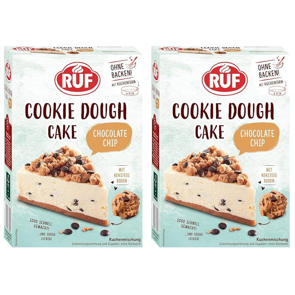 RUF Cookie Dough Cake Ohne Backen, Tortenboden Aus Keksteig Mit Frischkäse-Creme Und Schokoladenstückchen, Inkl. Kuchenform, 1X325G Miscela per cuocere e cucinare Naty Shop 325 G (2Er Pack) Torta con pasta per biscotti