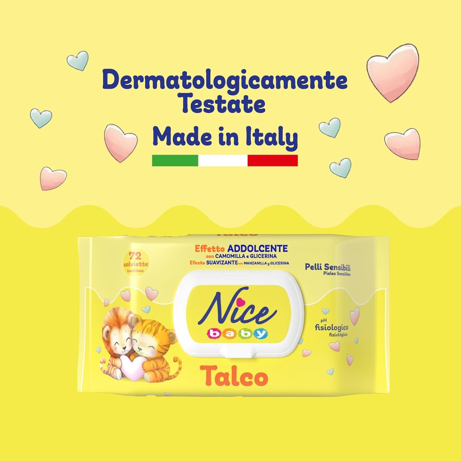 NICE Salviette umidificate per neonati 72 pezzi Con coperchio Talco Profumo Materiali naturali Pulizia delicata Bambino 1pz