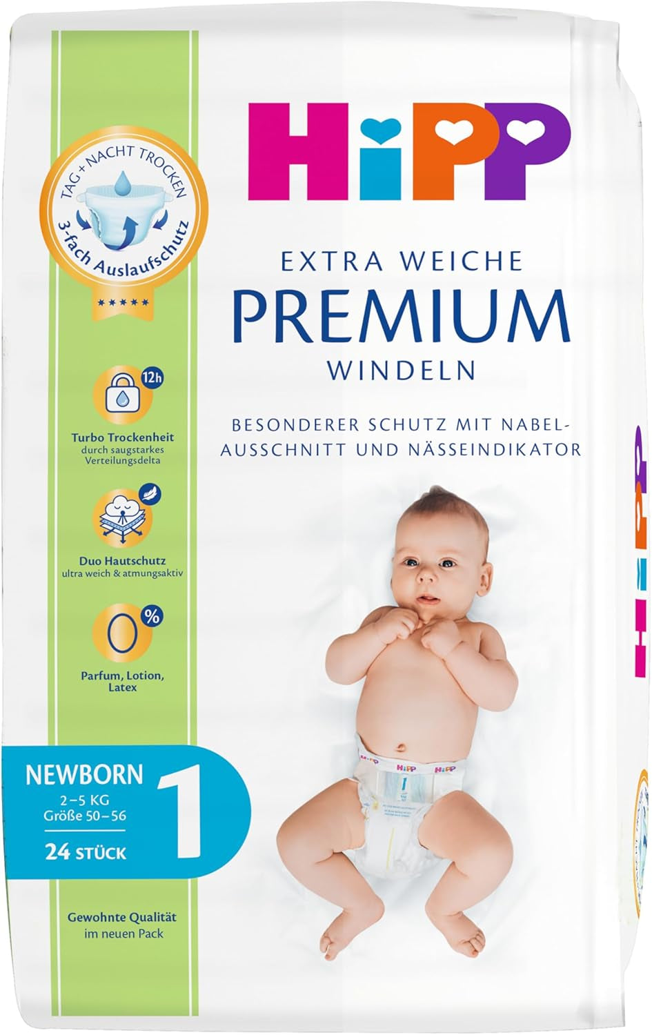 Pannolino HiPP Extra Soft Premium Taglia 1 Neonato 2-5 kg, 72 pezzi (3 confezioni da 24), con protezione dalle perdite a 3 vie e doppia protezione della pelle