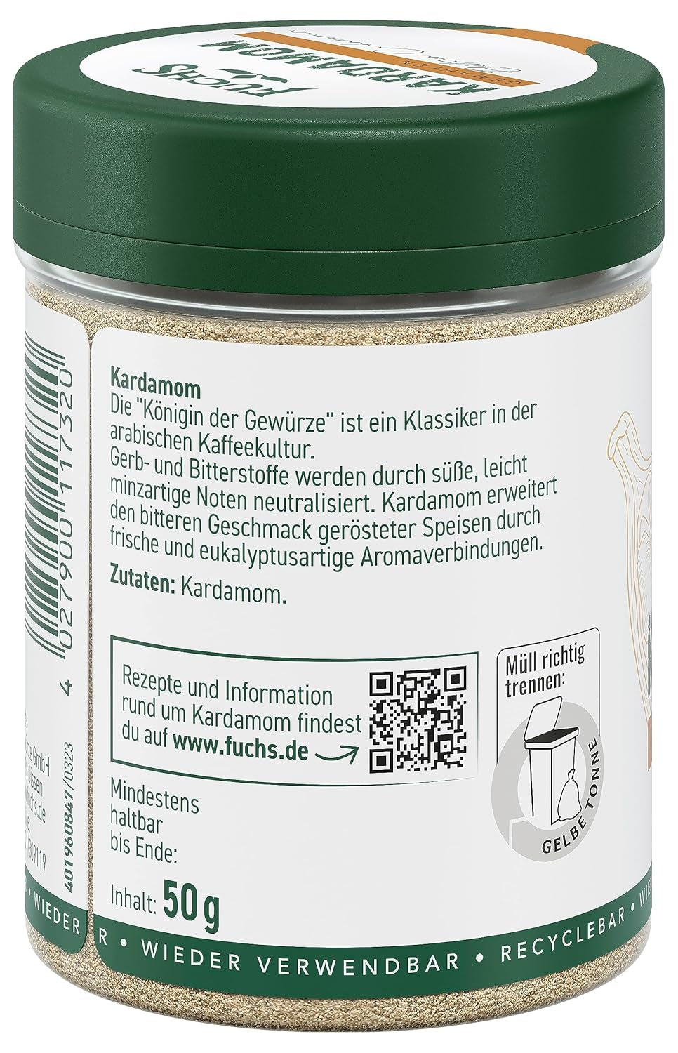 Fuchs Gewürze - Kardamom gemahlen - Gewürz für Glühwein oder Fleischgerichte wie Roastbeef oder Schweinebraten - ingredienti naturali - 50 g in wiederverwendbarer, recyclebarer Dose
