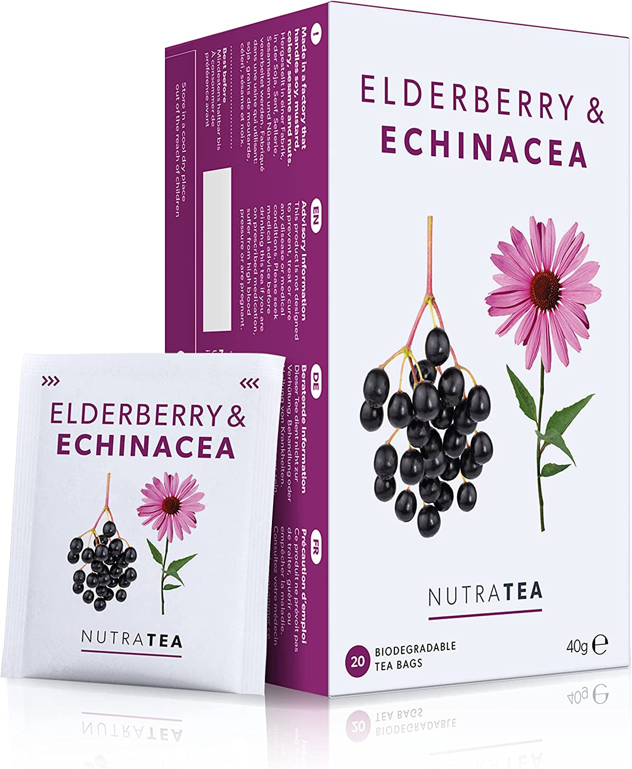 Nutra Tea Fructe de soc și echinaceea, ceai pentru imunitate și răceli, ceai pentru susținerea sistemului imunitar, pentru combaterea răcelilor, 20 pliculețe de ceai reutilizabile, ceai natural din plante
