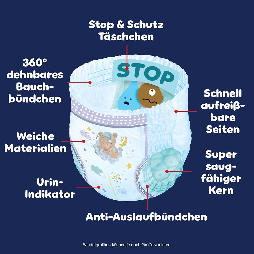 I pannolini Pampers Night Pants taglia 6, 138 pezzi, 13kg-19kg, forniscono una protezione extra per tutta la notte.