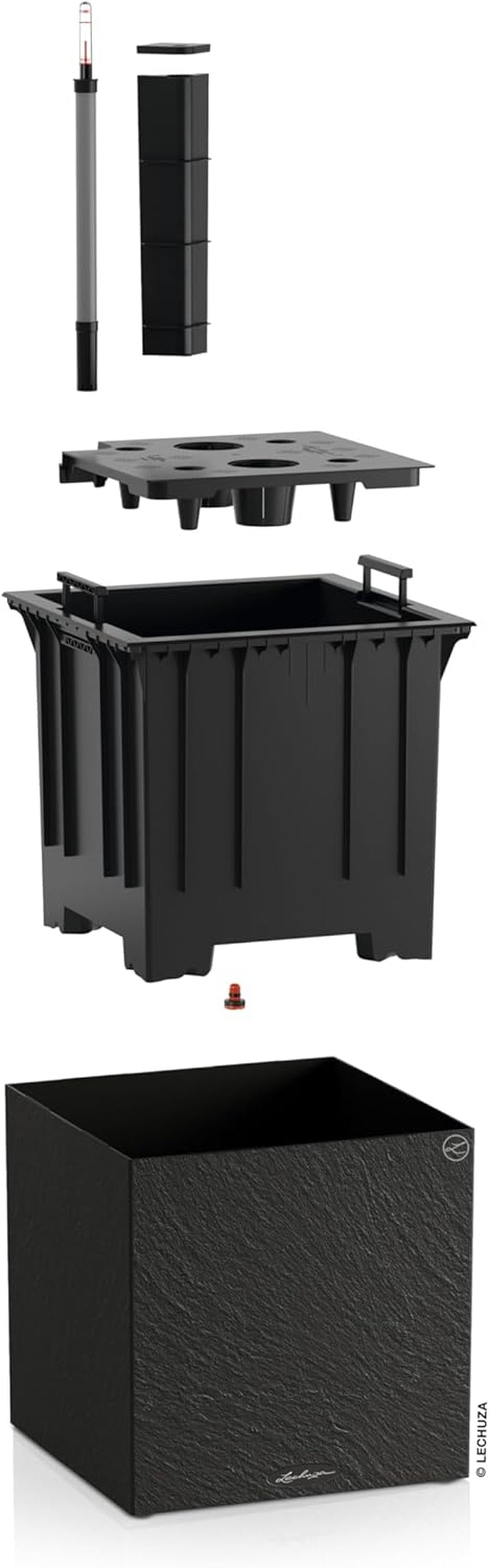 Ghiveci LECHUZA Canto Slatestone 40 Low Gri Închis, ghiveci cu sistem de udare, indicator al nivelului apei și inserție pentru plante, aspect ardezie, 40 x 40 x 40 cm, 15951