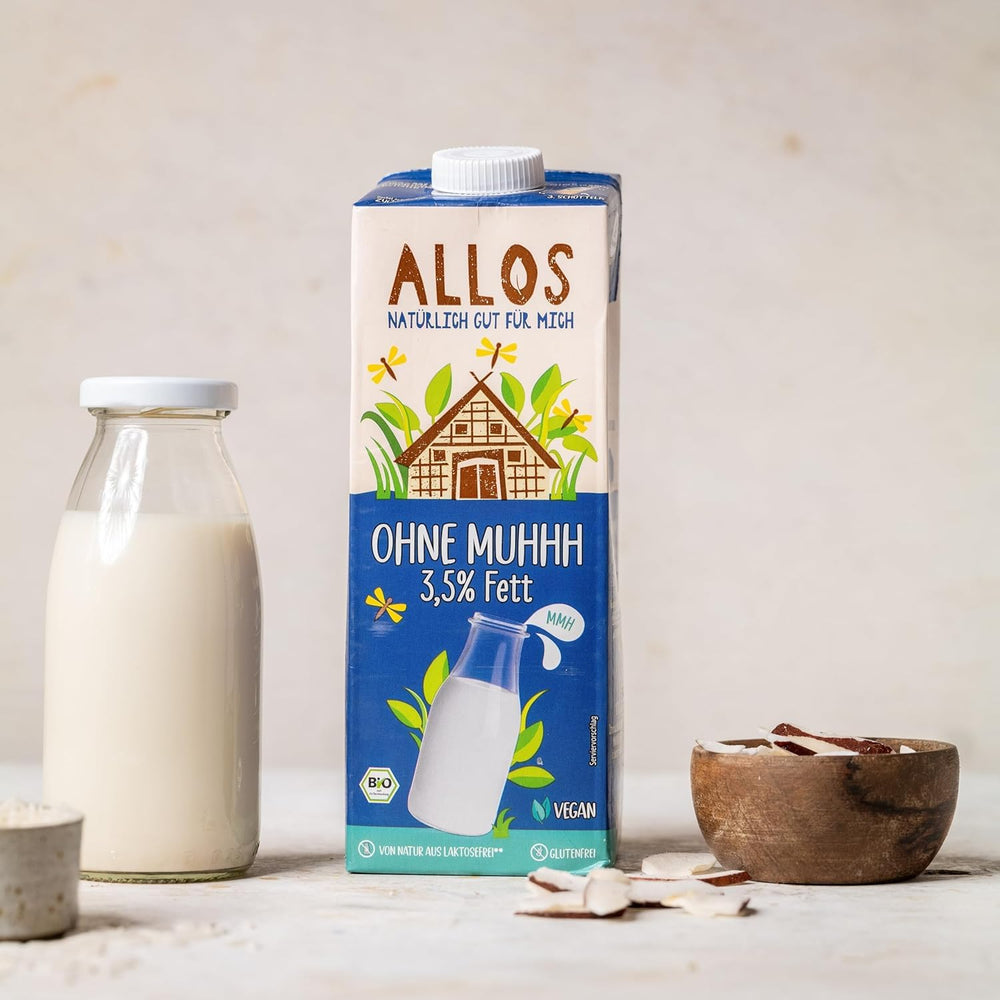 Allos Bio Ohne Muhhh 3,5% | Alternativa Milchal | Drink auf Pflanzenbasis | vegano | schäumbar | perfetto per il caffè senza lattosio | Fonti di calcio e vitamine | Reich una proteina | 1 litro (6 pezzi)