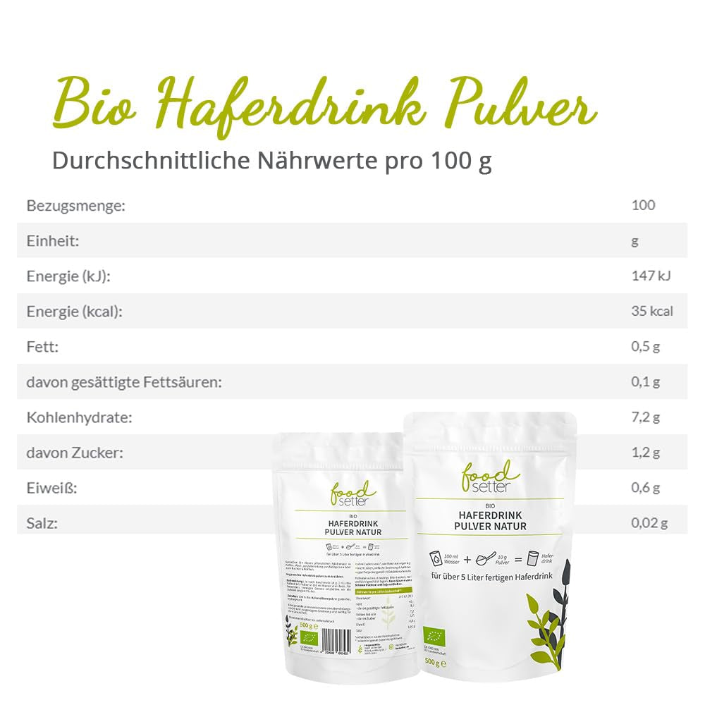 foodsetter Bio Haferdrink Pulver | Busta da 500 g | Haferpulver | Haferpulver istantaneo | Bio-Qualità | Vegano | Senza glutine | Ohne Zuckerzusatz | 0,5 chilogrammi