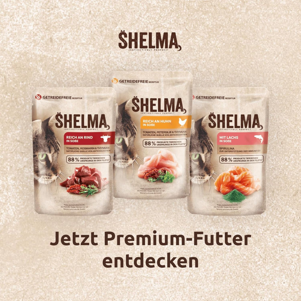 Hrană umedă pentru pisici Shelma cu curcan în sos cu roșii și ierburi – Hrană completă fără cereale cu conținut ridicat de carne – 28 x 85 g (2,38 kg)