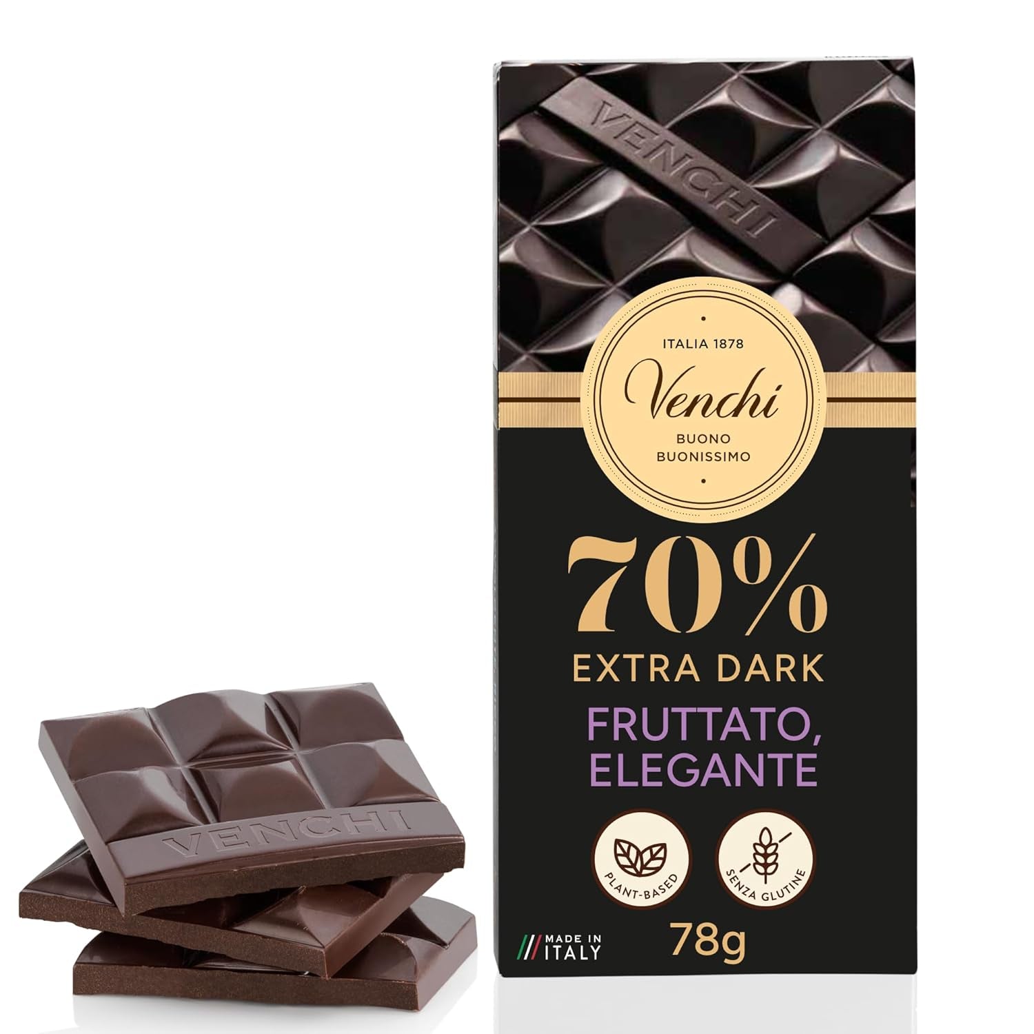 Venchi - Cioccolato fondente 70%, 78 g - Con miscele di cacao selezionate - Senza glutine - Vegan