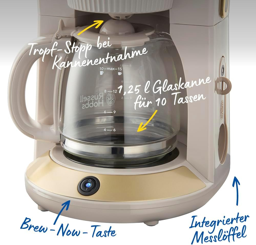 Espressor Russell Hobbs Brontë Stone cu filtru [1,25 l, 1100 W] (tehnologie de preparare WhilTech, sistem anti-picurare, placă de încălzire, carafă de sticlă, indicator al nivelului apei, funcție pauză și turnare) Espressor 26781-56