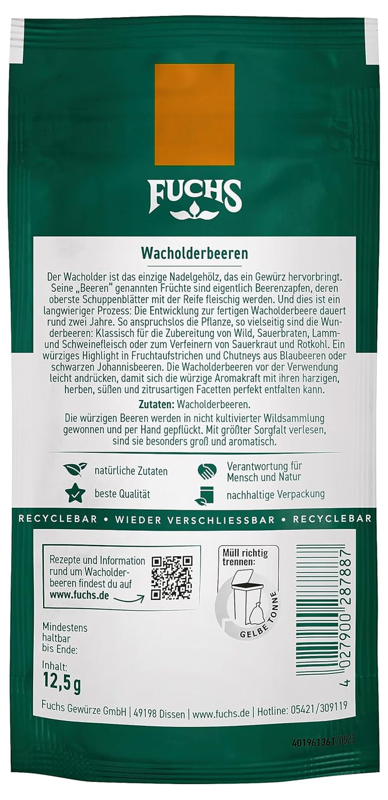 Fuchs Gewürze - Wacholderbeeren im wiederverschließbaren, beutel riciclabile - aus natürliche Ingredient - 12,5 g