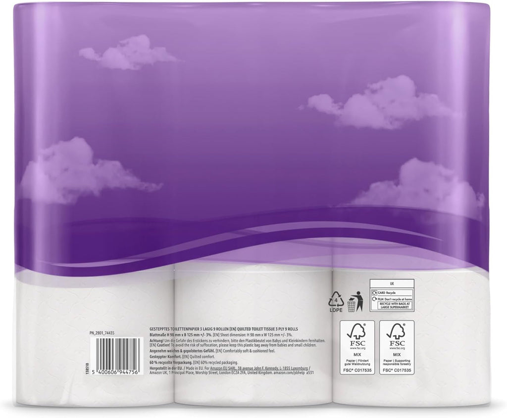 By Amazon Hârtie igienică, 3 straturi matlasate, moale catifelată, 36 de role (9 role, pachet de 4), 200 de foi per rolă, certificată Fsc