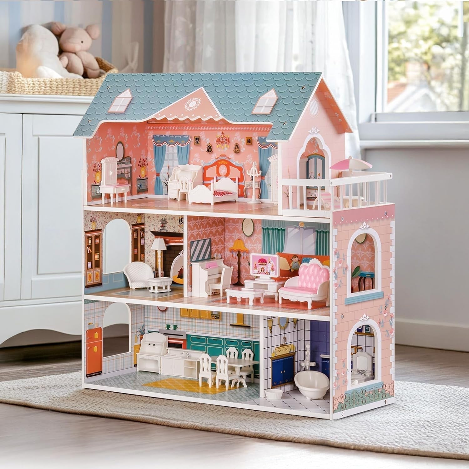 Casa delle bambole in legno con mobili e accessori Casetta da gioco per ragazze Sala giochi per bambini Giocattoli Case delle bambole Naty Shop