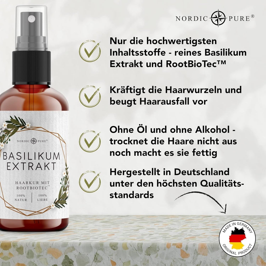 Tratament pentru păr cu extract de busuioc de la Nordic Pure | Pentru îngrijirea părului subțire, uscat și fragil | Poate preveni căderea părului | 100ml Ingrijirea parului Naty Shop