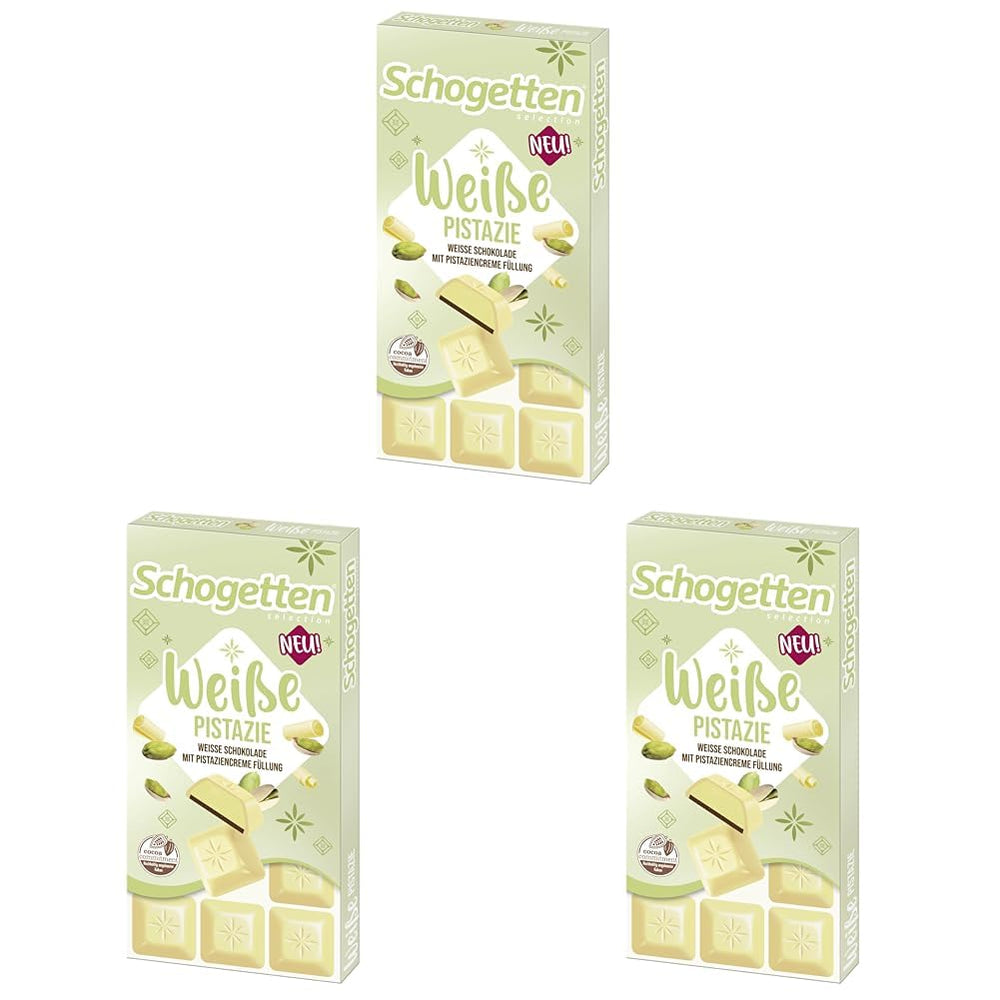 Schogetten Pistacchio Bianco | Cioccolato bianco con ripieno di crema al pistacchio | 100 g| Convenientemente porzionato (confezione da 3)
