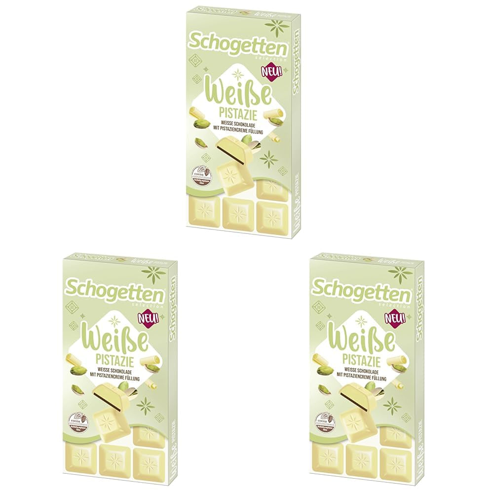 Schogetten Pistacchio Bianco | Cioccolato bianco con ripieno di crema al pistacchio | 100 g| Convenientemente porzionato (confezione da 3)