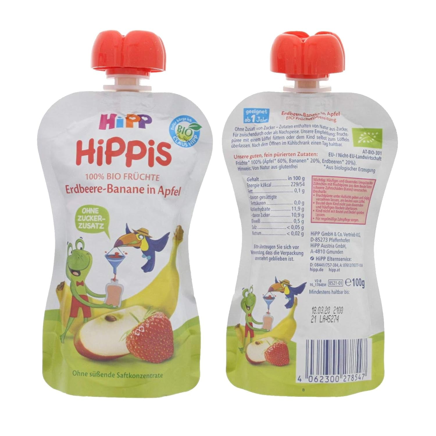 HiPP Biologico per Bambini HiPPiS Fragola Banana in Mela - Theo Tucano, 100g