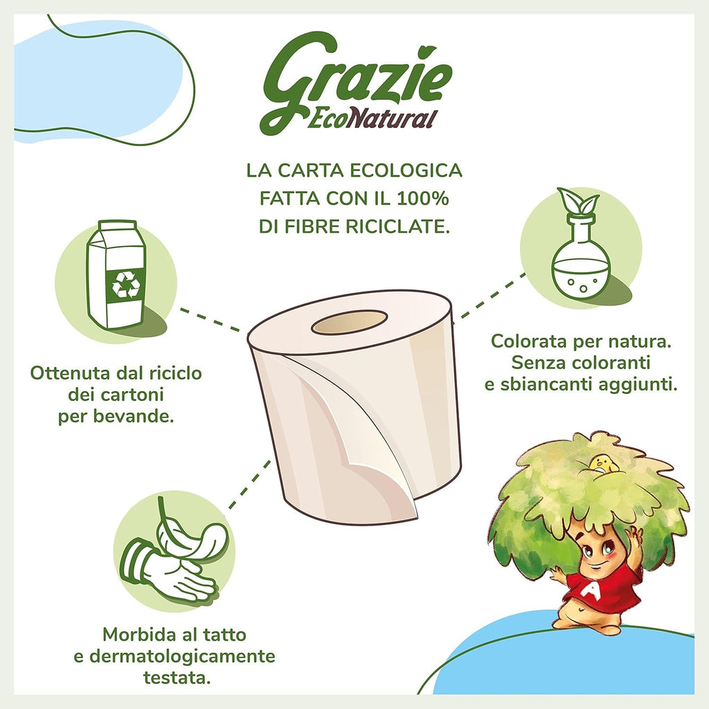 Hârtie igienică Grazie Natural, Econatural, 56 role, hârtie igienică reciclată Fibrepack, 100% ecologică, prietenoasă cu mediul, certificată cu etichetă ecologică și reciclată FSC, fabricată în Italia