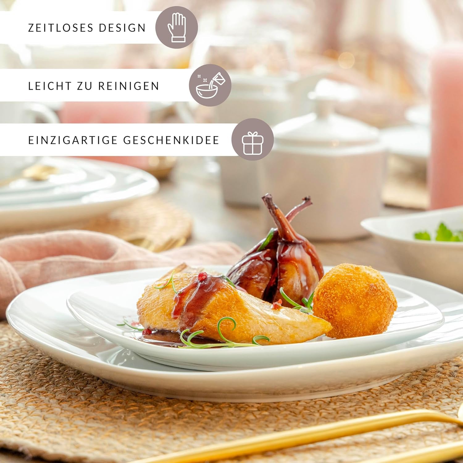 SÄNGER | Set de veselă Bilgola alb, Set de veselă din porțelan cu 24 de piese pentru 6 persoane, Farfurii pătrate, Farfurii de cină | COLECȚIA PREMIUM