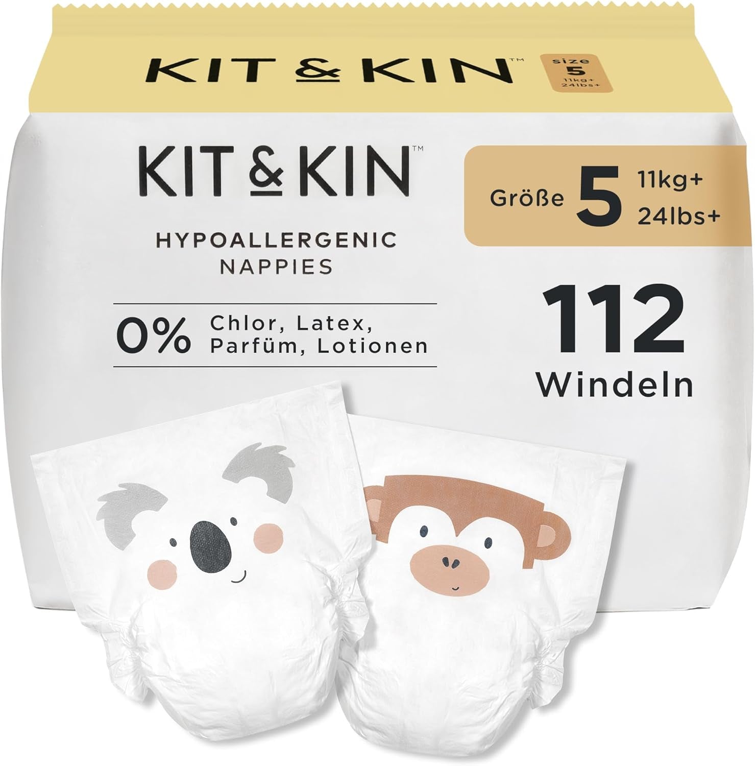 Pannolini Kit & Kin Premium, taglia 4 (9-14 kg), 128 pezzi, a base vegetale e ipoallergenici, protezione affidabile dalle perdite, vegani e cruelty free