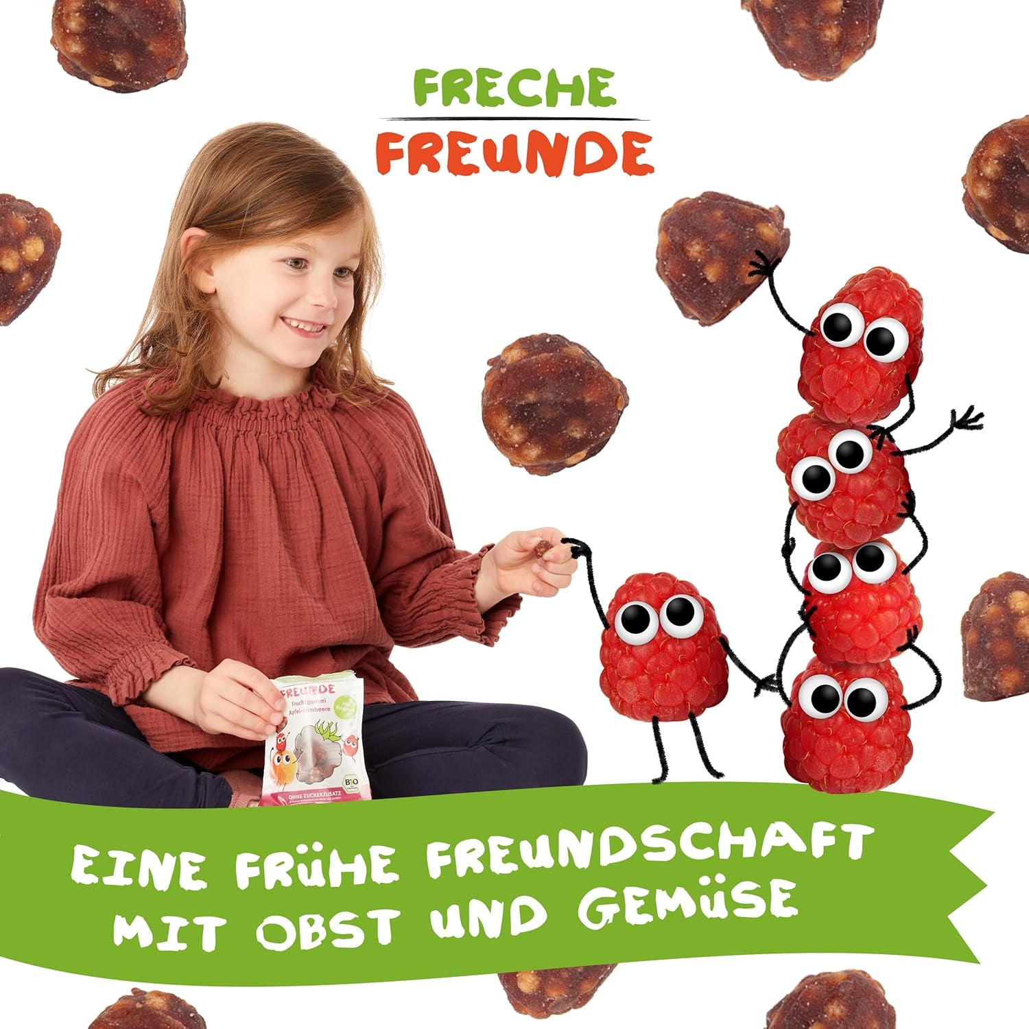 FRECHE FREUNDE Gelatine di frutta bio, lecca lecca di mela, lampone e riso, snack dolce alla frutta per bambini, senza glutine, vegano, confezione da 20 (20 x 30 g)