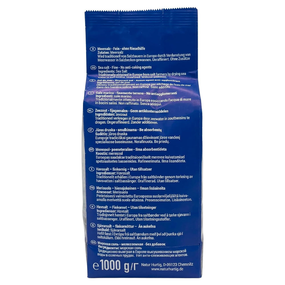 Meersalz Fein 1kg | Naturbelassen, unraffiniert und ohne Zusätze | Unbehandeltes feines Meersalz