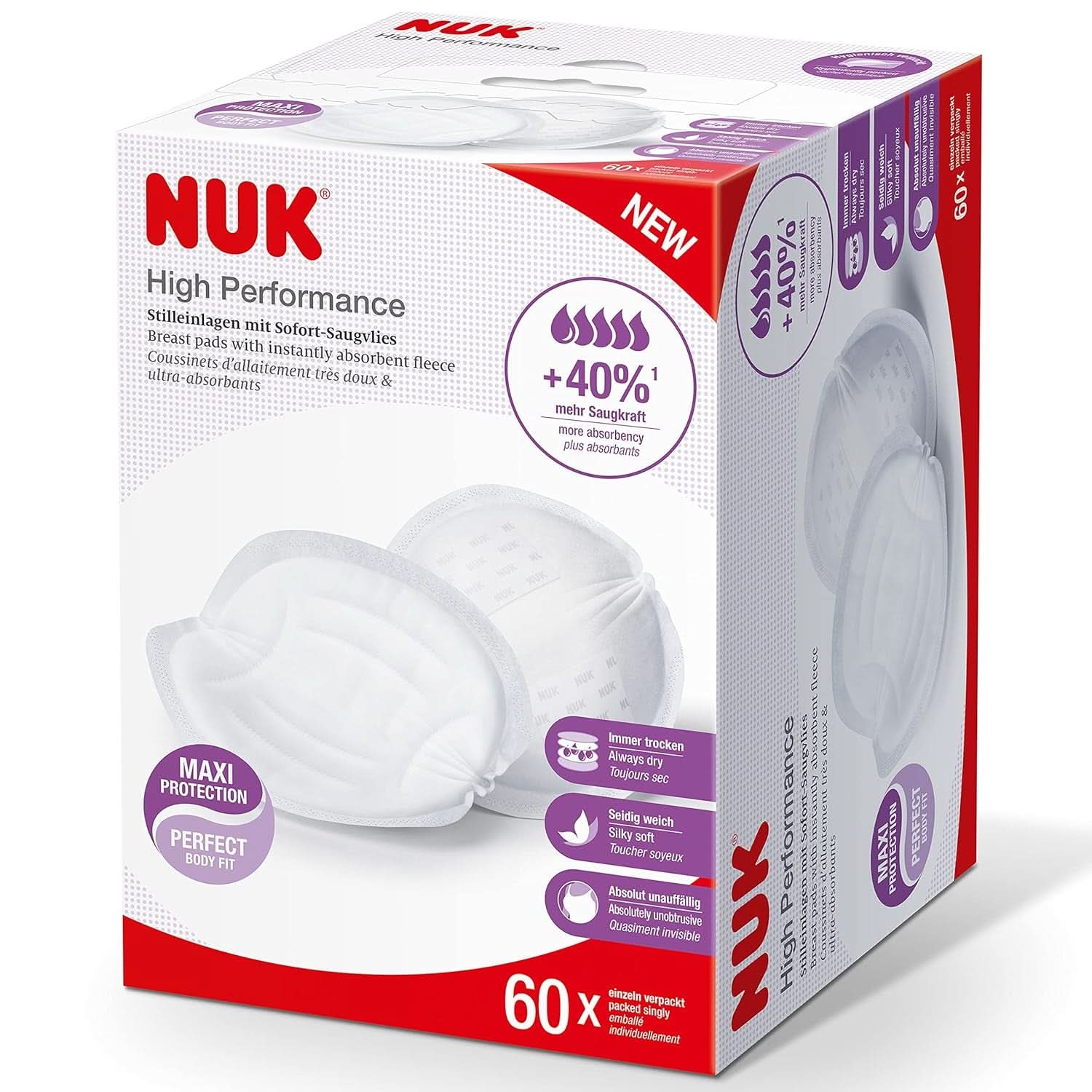 NUK High-Performance Einweg-Stilleinlagen Mit Sofort-Saugvlies | Einlagen Zum Stillen | Einzelverpackung | +40% in più di potenza di aspirazione | 60 Stück Alimenti per bambini e Accessori per l'allattamento Naty Shop