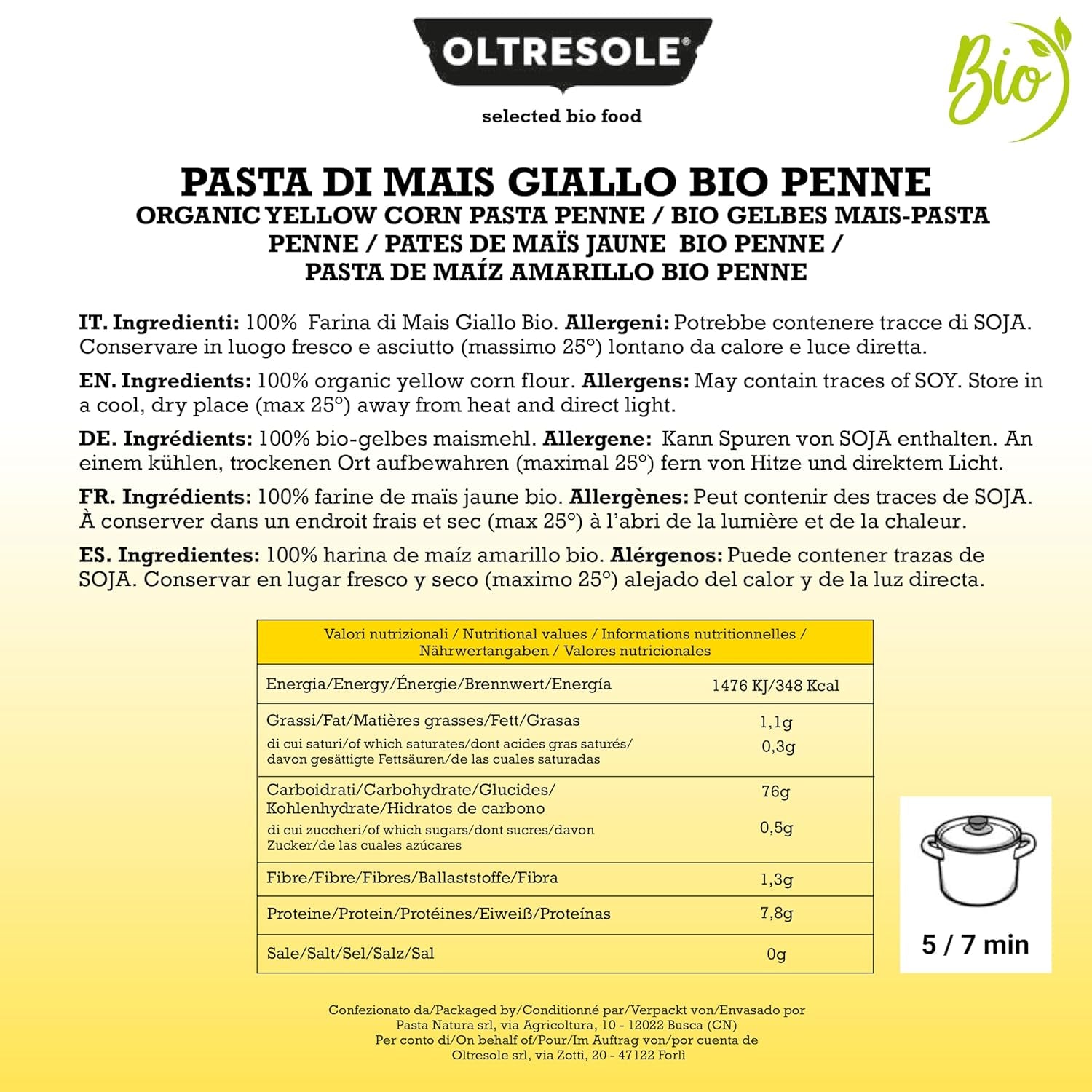 Pasta di Mais Giallo Biologica Italiana Gluten Free, Formato Penne - pasta senza glutine, 100% farina di mais giallo organic, vegan, confezione da 3 pacchi da 350 g