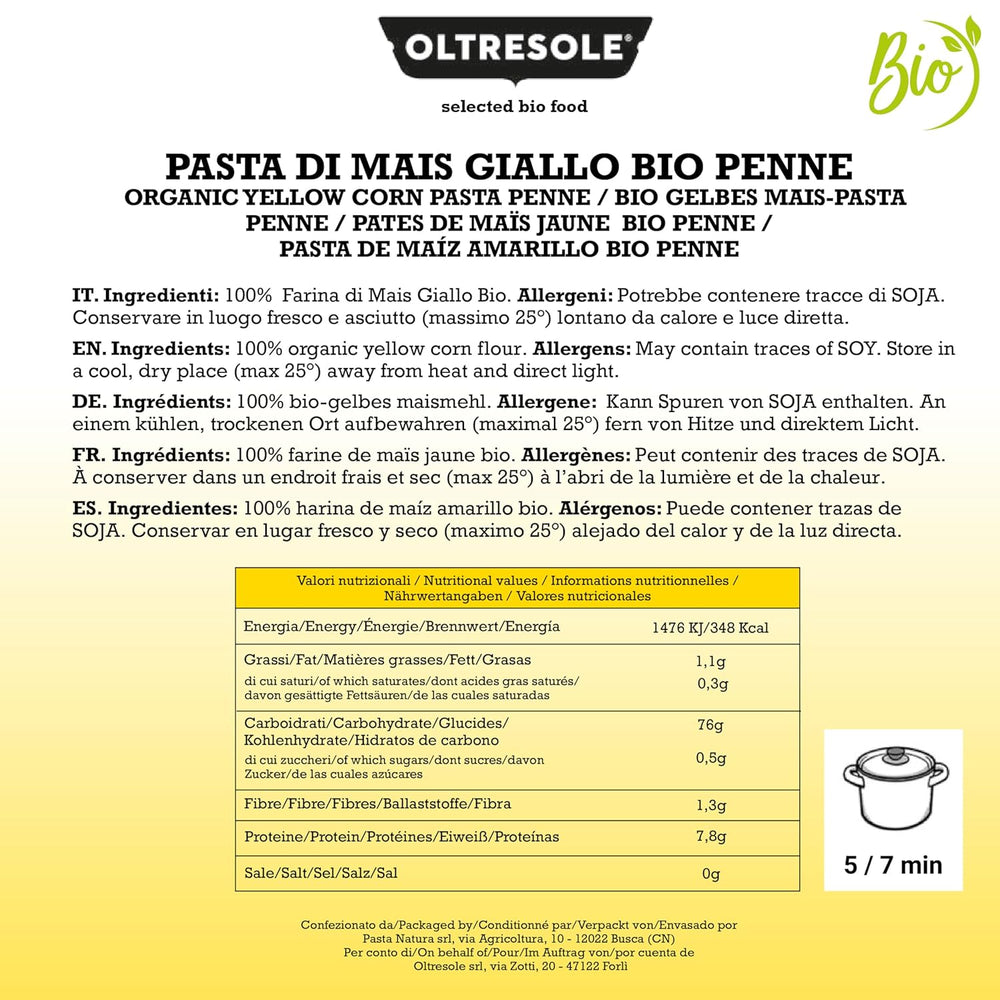 Pasta di Mais Giallo Biologica Italiana Gluten Free, Formato Penne - pasta senza glutine, 100% farina di mais giallo organic, vegan, confezione da 3 pacchi da 350 g