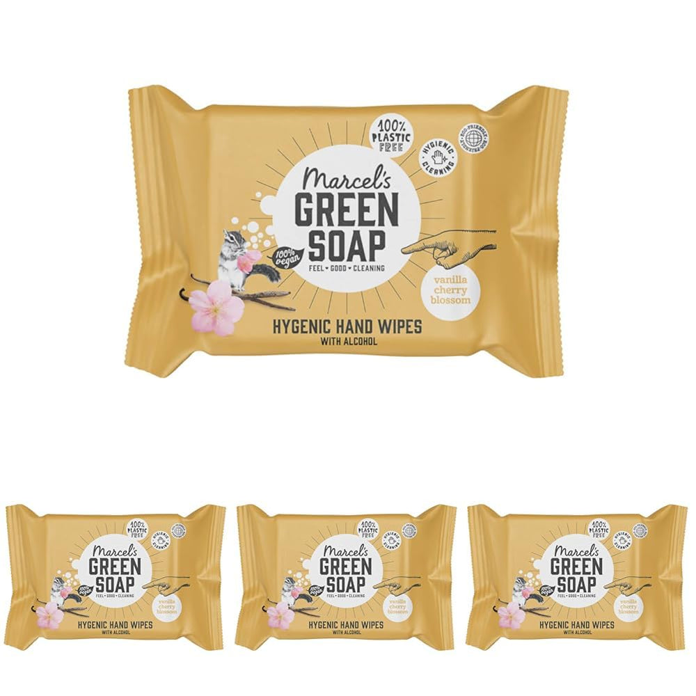 Salviette umidificate per mani Marcel's Green Soap, confezione da 60 - Vaniglia e fiori di ciliegio - A base vegetale - Biologiche