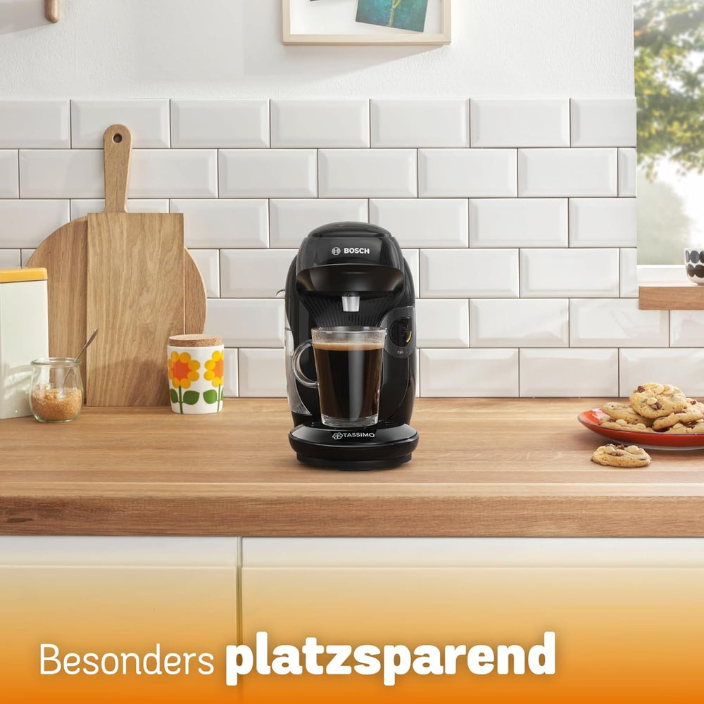 Espressor cu capsule Bosch Tassimo Style TAS112E, peste 70 de băuturi, potrivit pentru toate dimensiunile de cești, complet automat, sustenabil, economisește spațiu, 1400 W, negru