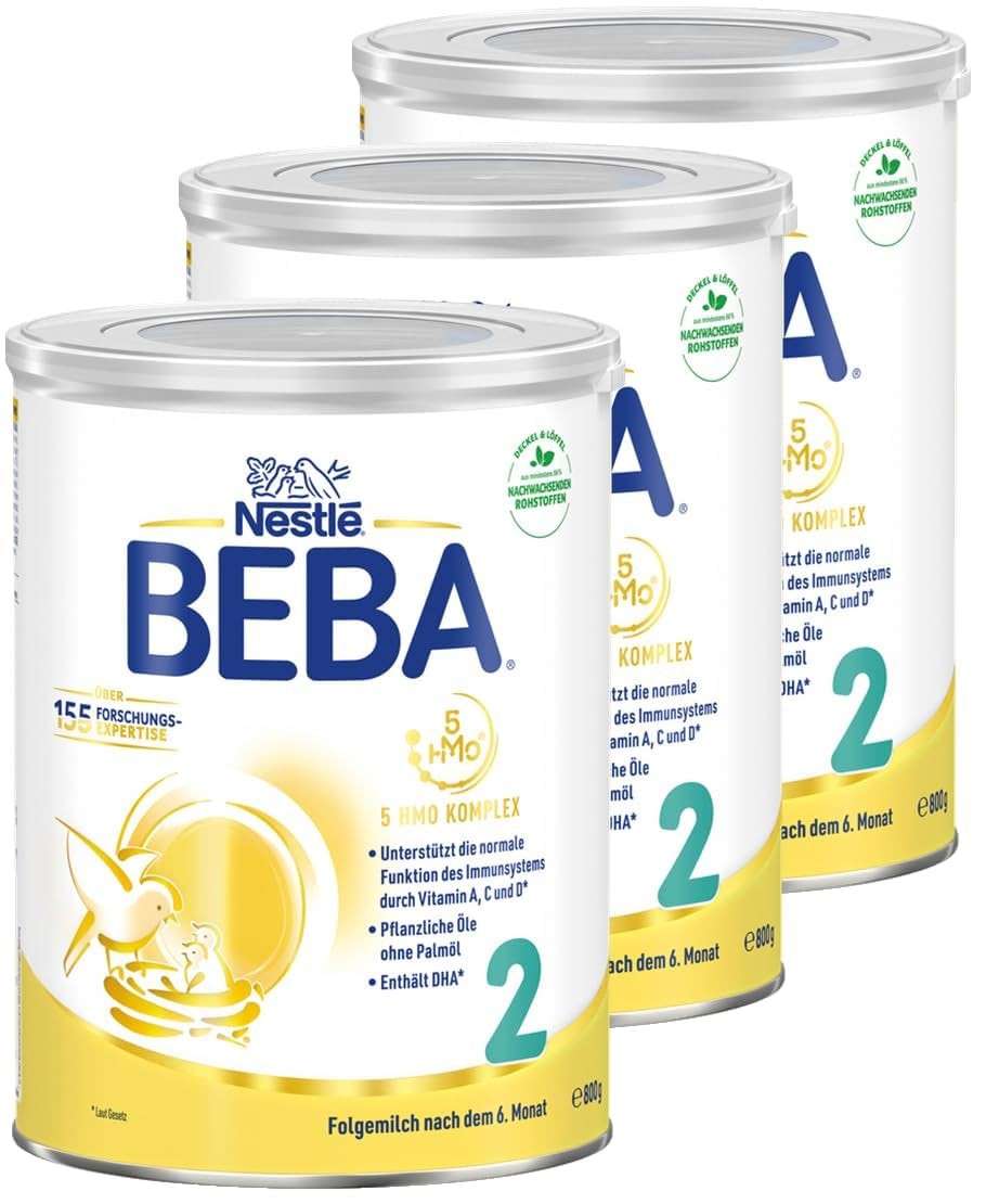 BEBA 2 - Latte di proseguimento dopo 6 mesi, con complesso 5 HMO, contenuto proteico adatto all'età, senza lattosio, senza olio di palma, senza olio di pesce, alimenti per l'infanzia, latte in polvere per bambini, confezione da 3 (3 x 800 g)