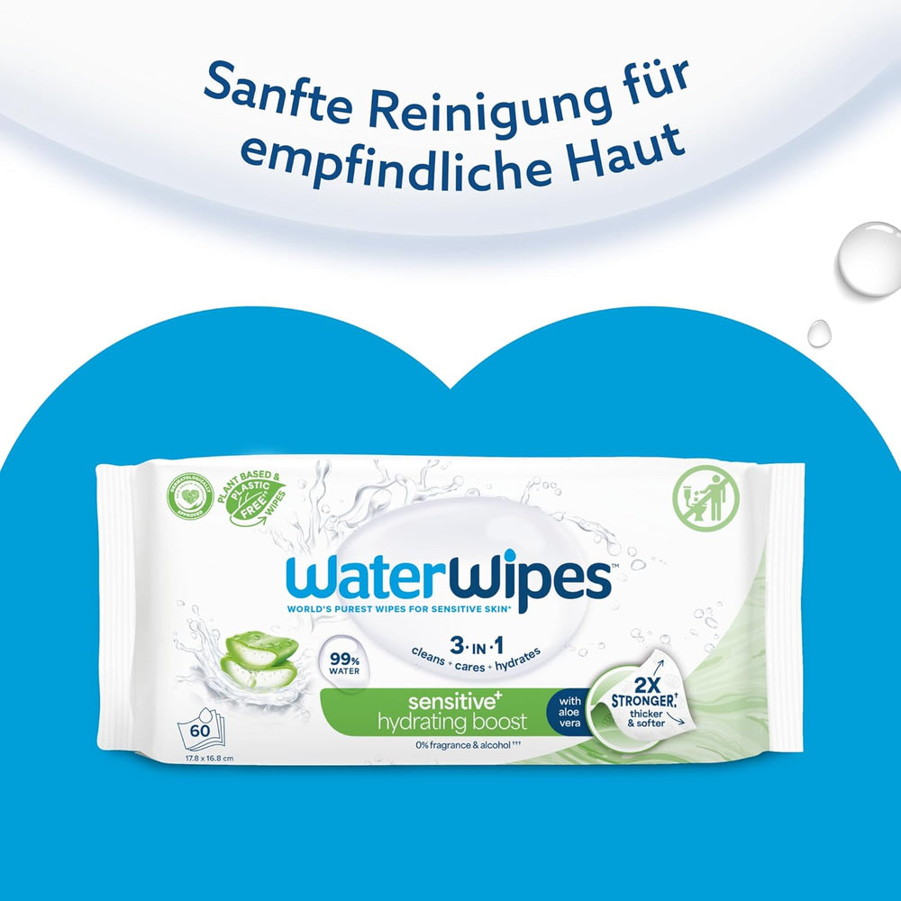 Salviette umidificate WaterWipes Sensitive+ Hydrating Boost, salviette idratanti, 360 pezzi (confezione da 6), 3 in 1 per pulire, curare, idratare, acqua di aloe vera al 99%, salviette per neonati senza profumazione